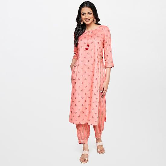 global desi women printed straight kurta with elasticated pants