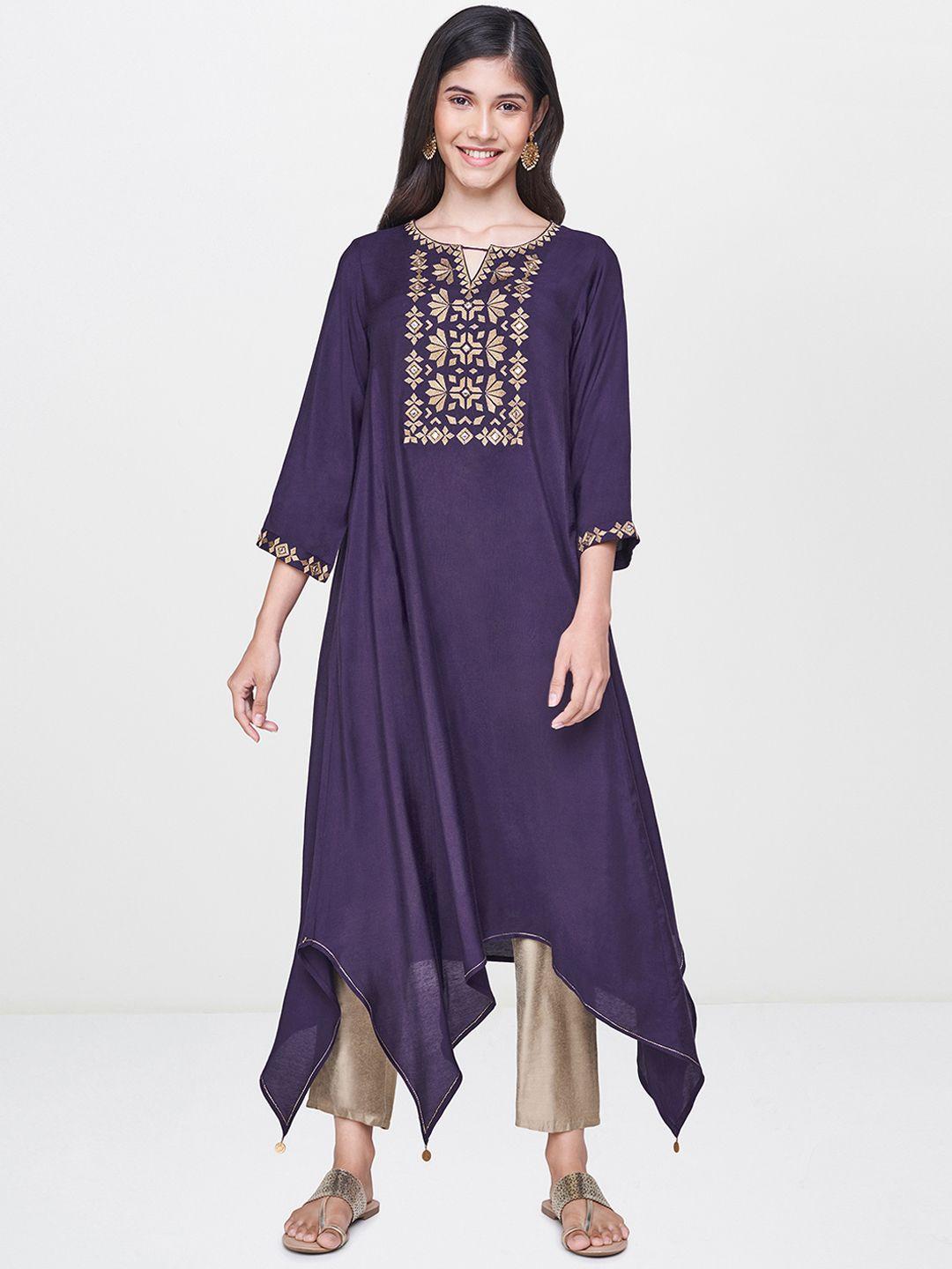 global desi women purple solid asymmetric a-line kurta