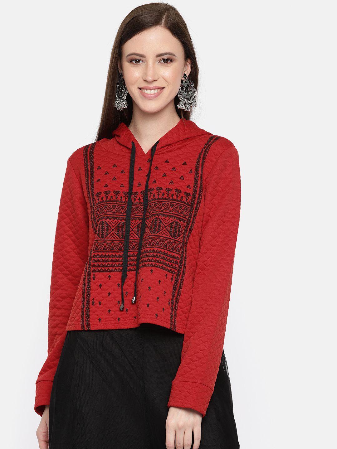 global desi women red & black printed hooded sweatshirt
