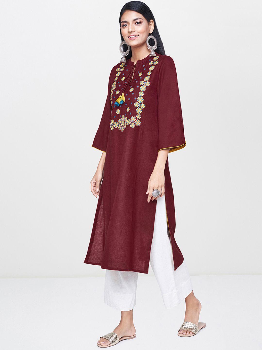 global desi women red & maroon solid straight kurta