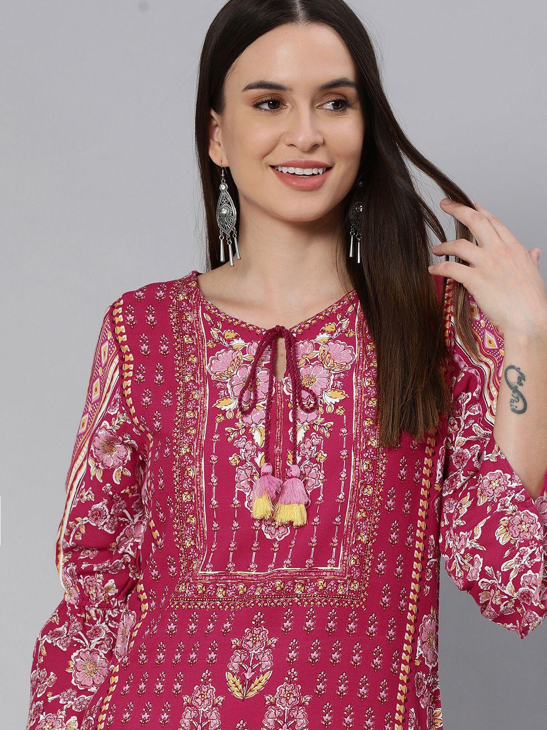 global desi women red & pink floral print tie-up neck top