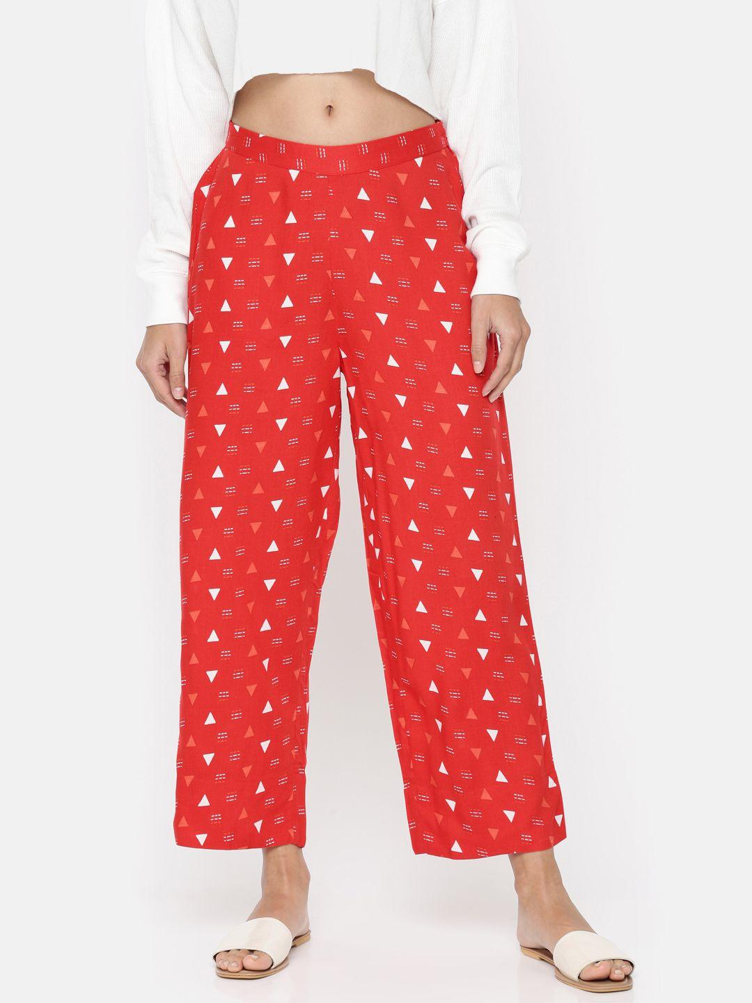 global desi women red & white regular fit printed parallel trousers