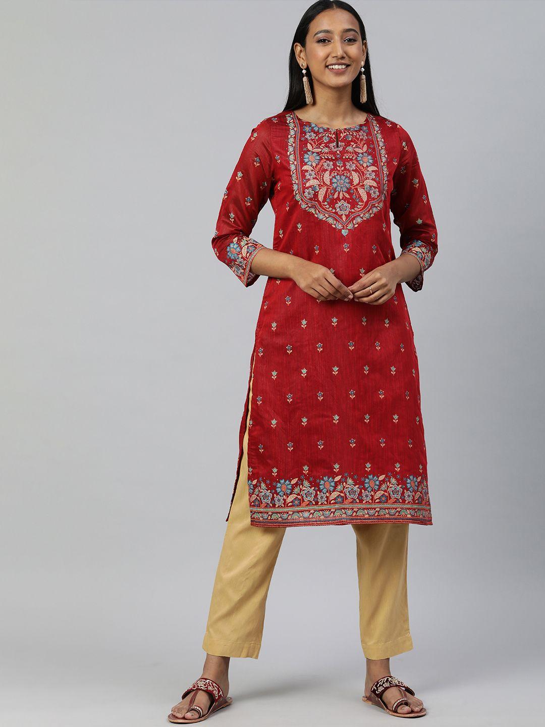 global desi women red floral printed keyhole neck straight kurta