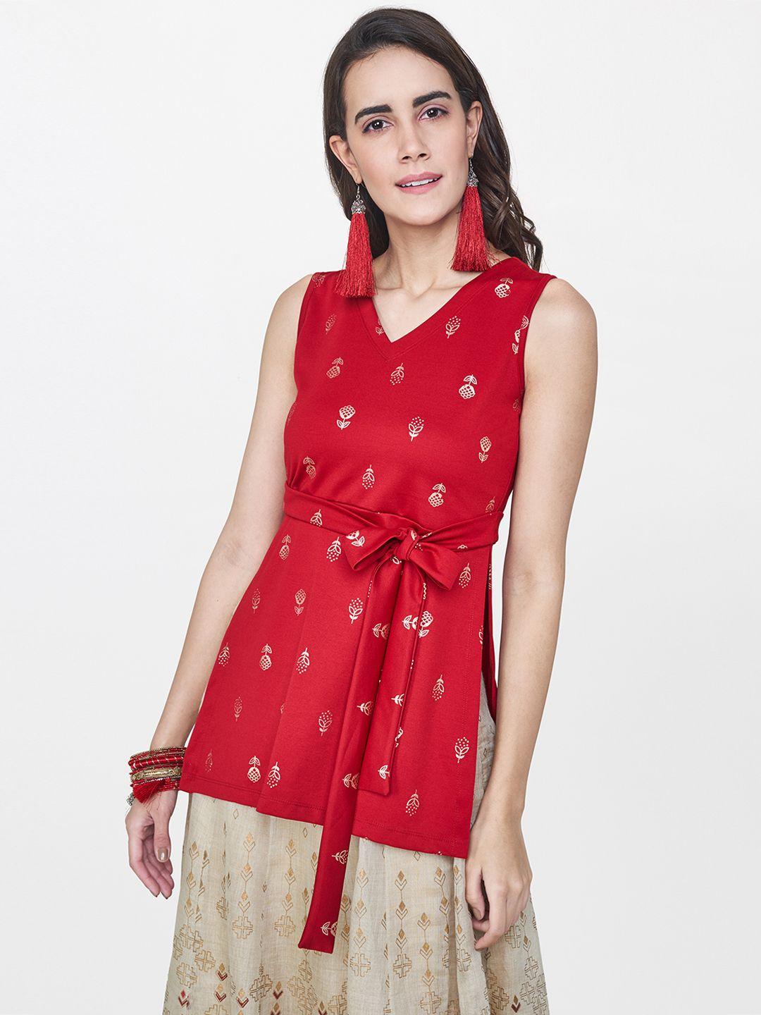 global desi women red printed a-line top