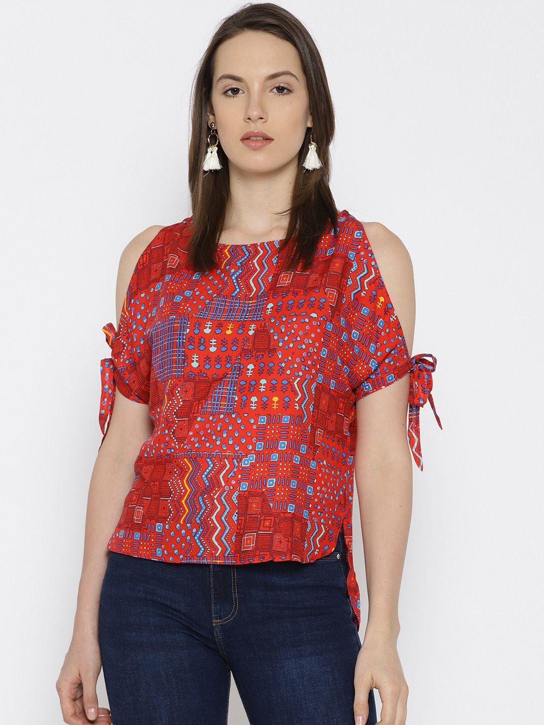 global desi women red printed high-low top