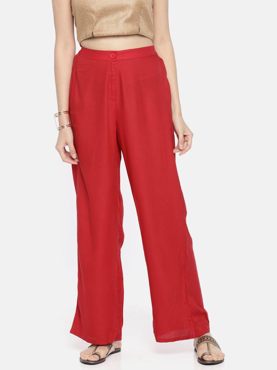 global desi women red regular fit solid parallel trousers