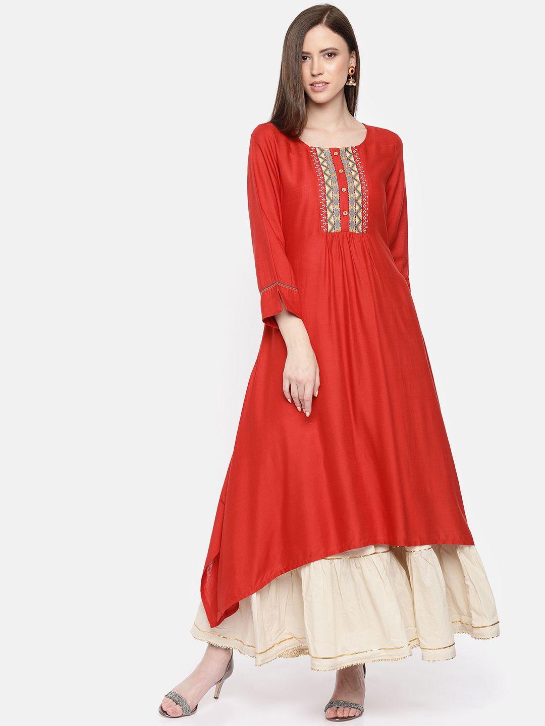 global desi women red yoke design asymmetric a-line kurta