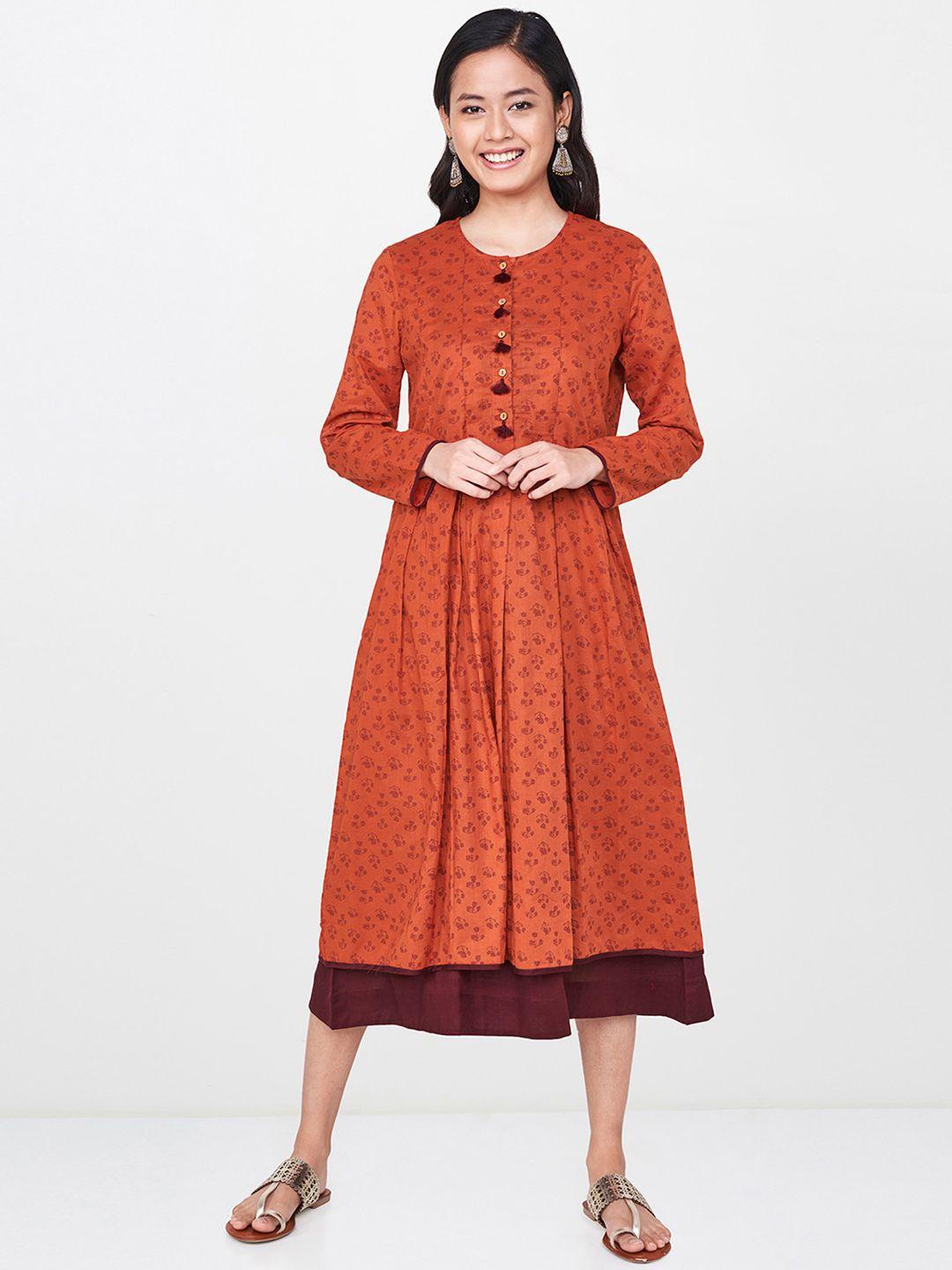 global desi women rust orange printed  a-line dress