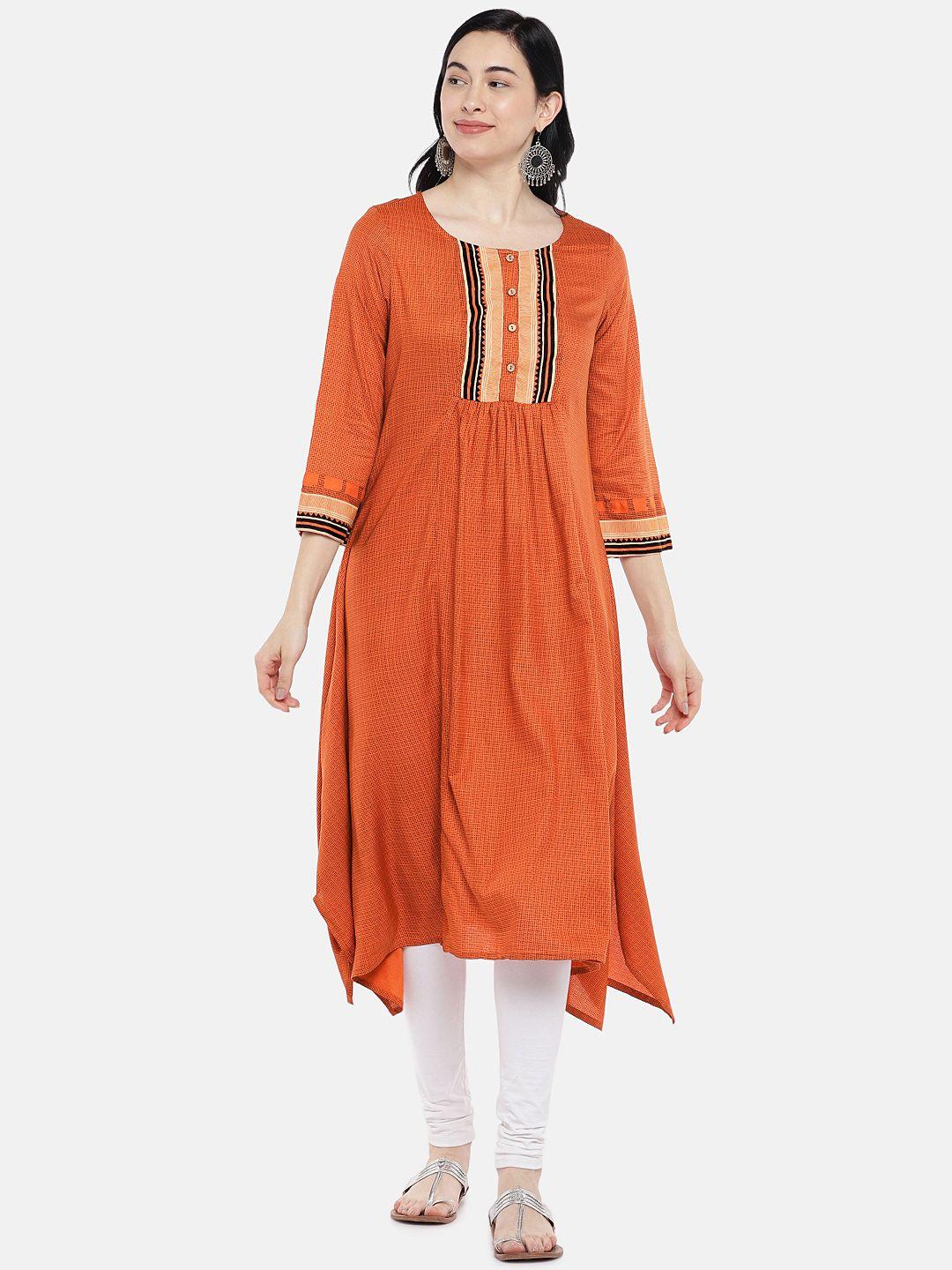 global desi women rust orange printed a-line asymmetric kurta