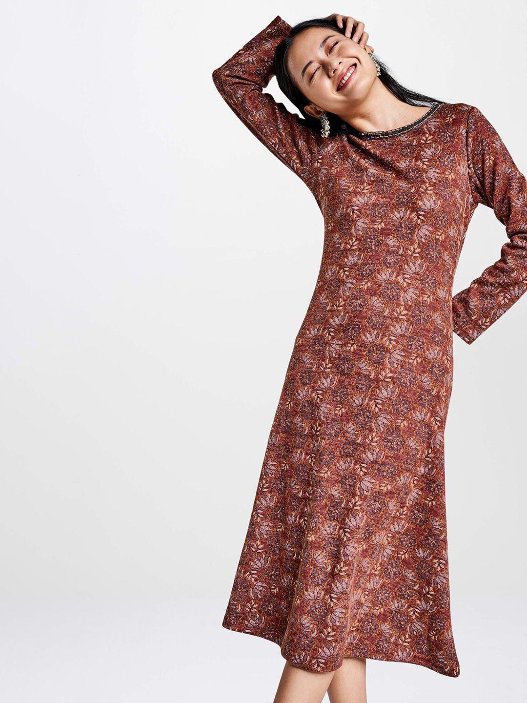 global desi women rust red & grey printed a-line dress with embellished neck