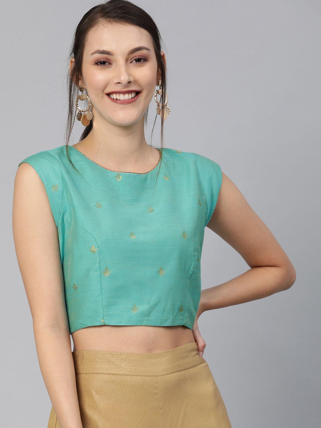 global desi women sea green & gold-toned printed crop top