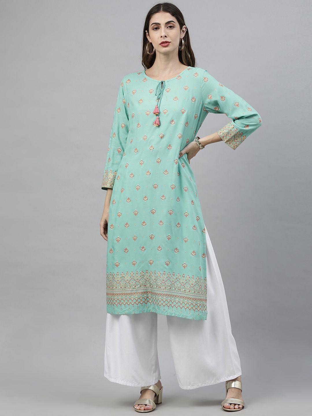 global desi women sea green & pink ethnic motifs printed kurta