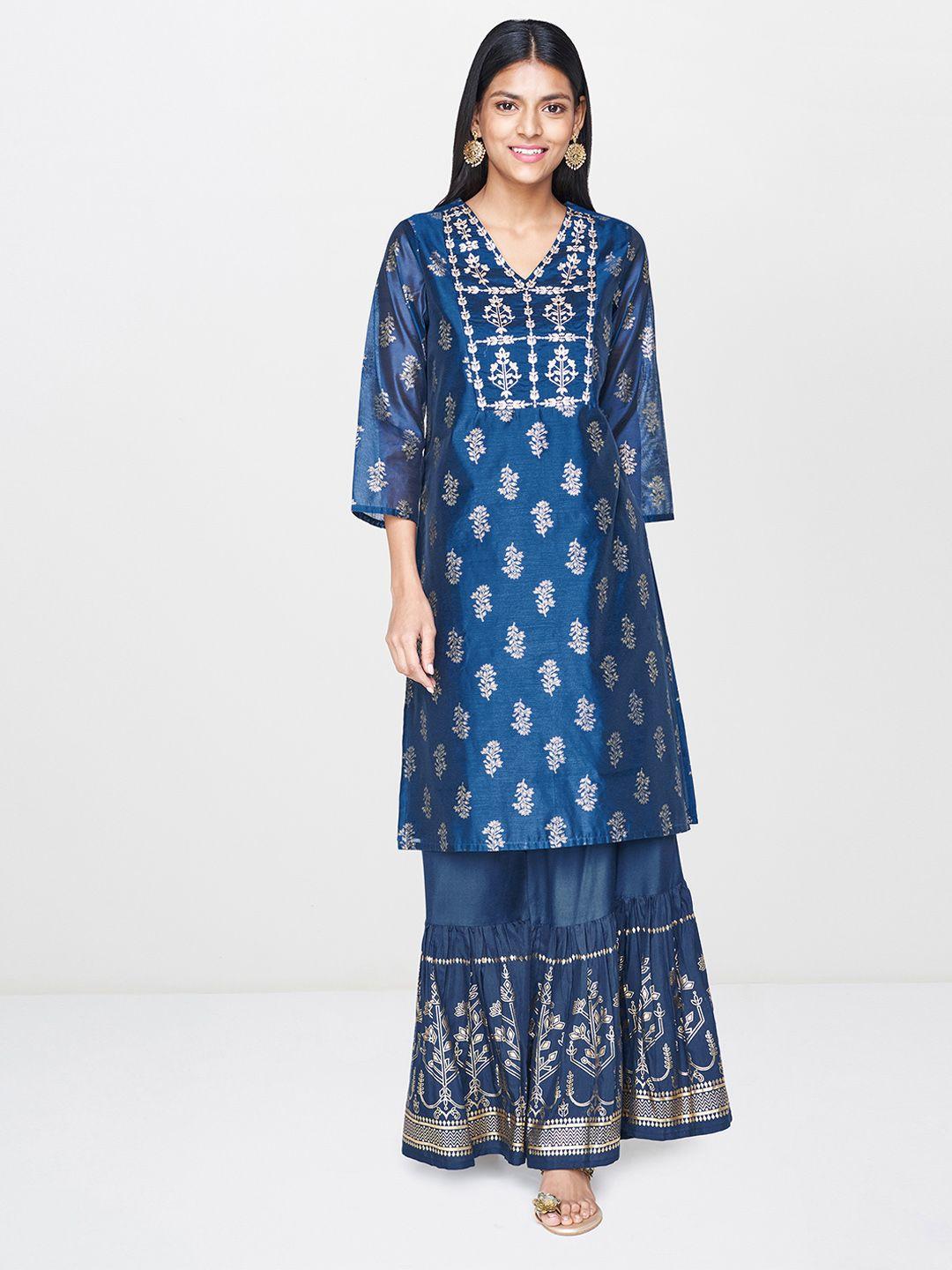 global desi women teal blue & gold-toned printed kurta with sharara