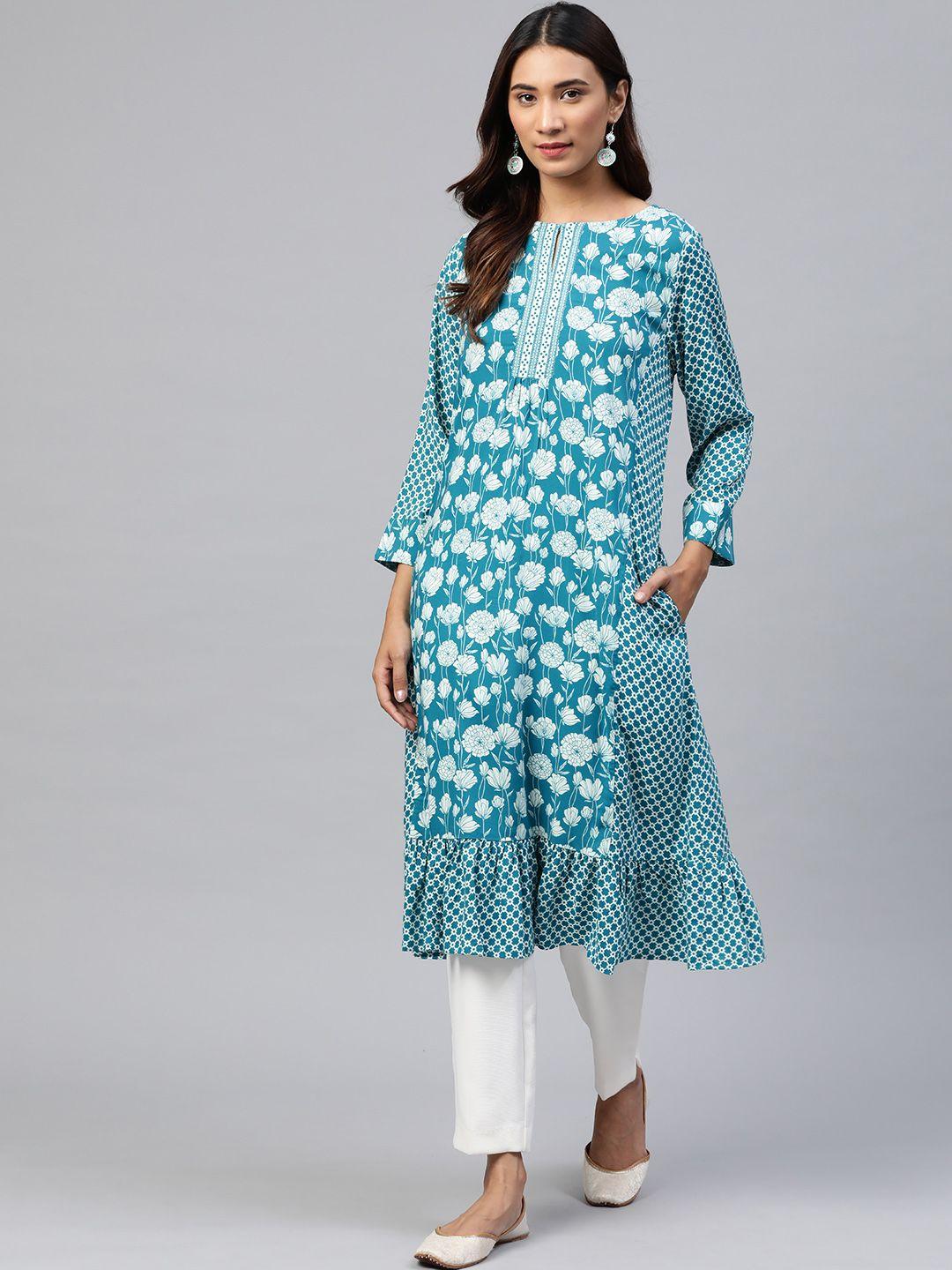 global desi women teal blue & off-white ethnic motifs printed ecovero keyhole neck kurta