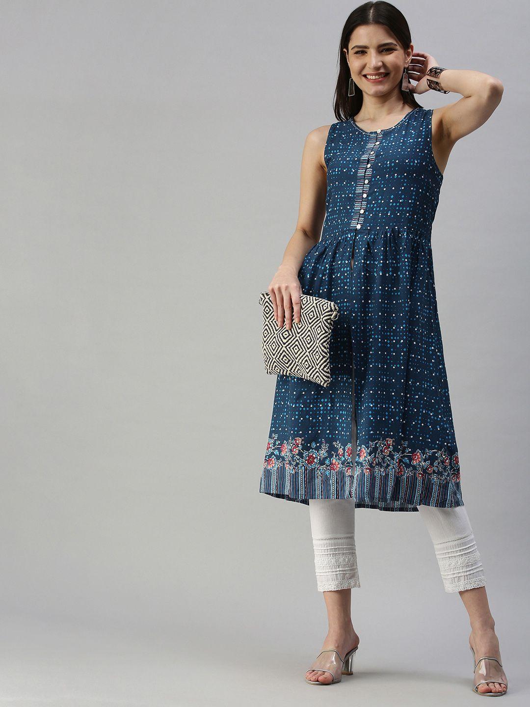 global desi women teal blue & white geometric printed kurta