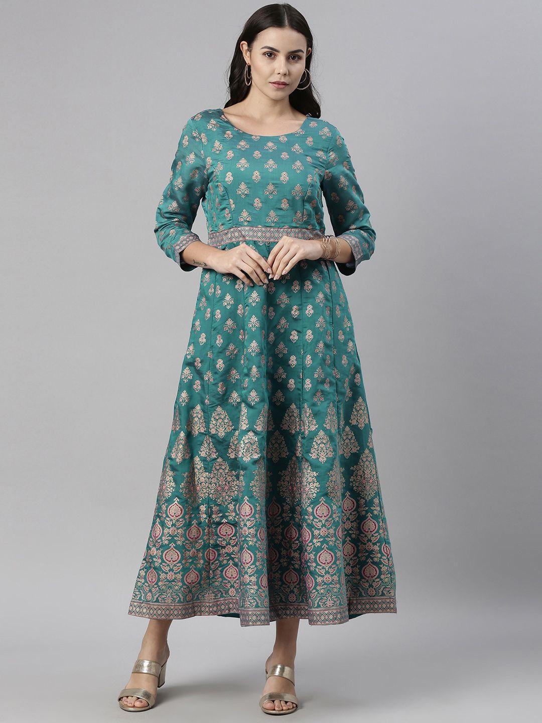 global desi women teal blue ethnic motifs printed fit and flare midi dress