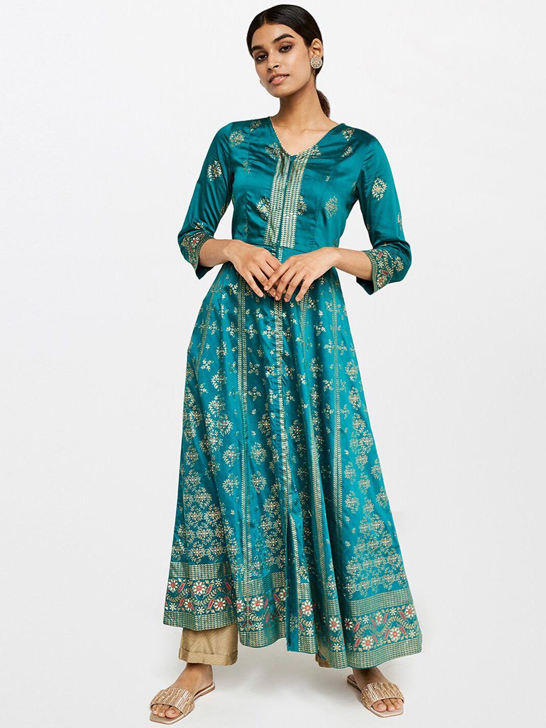 global desi women teal floral embroidered anarkali kurta