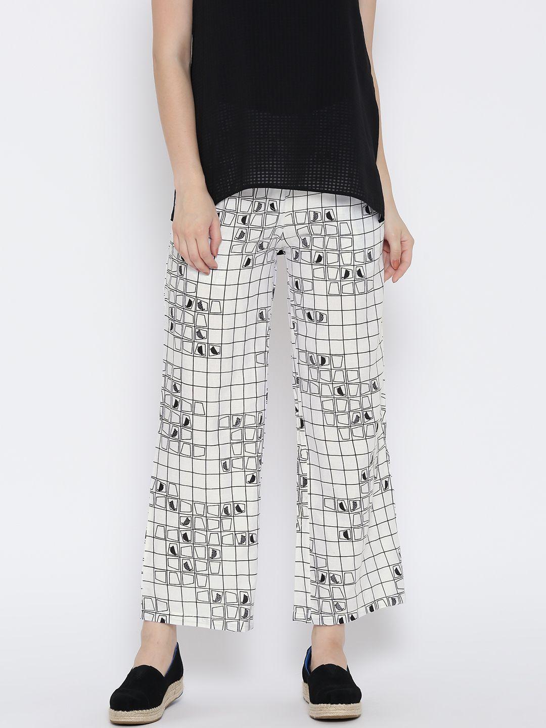 global desi women white & black checked casual trousers