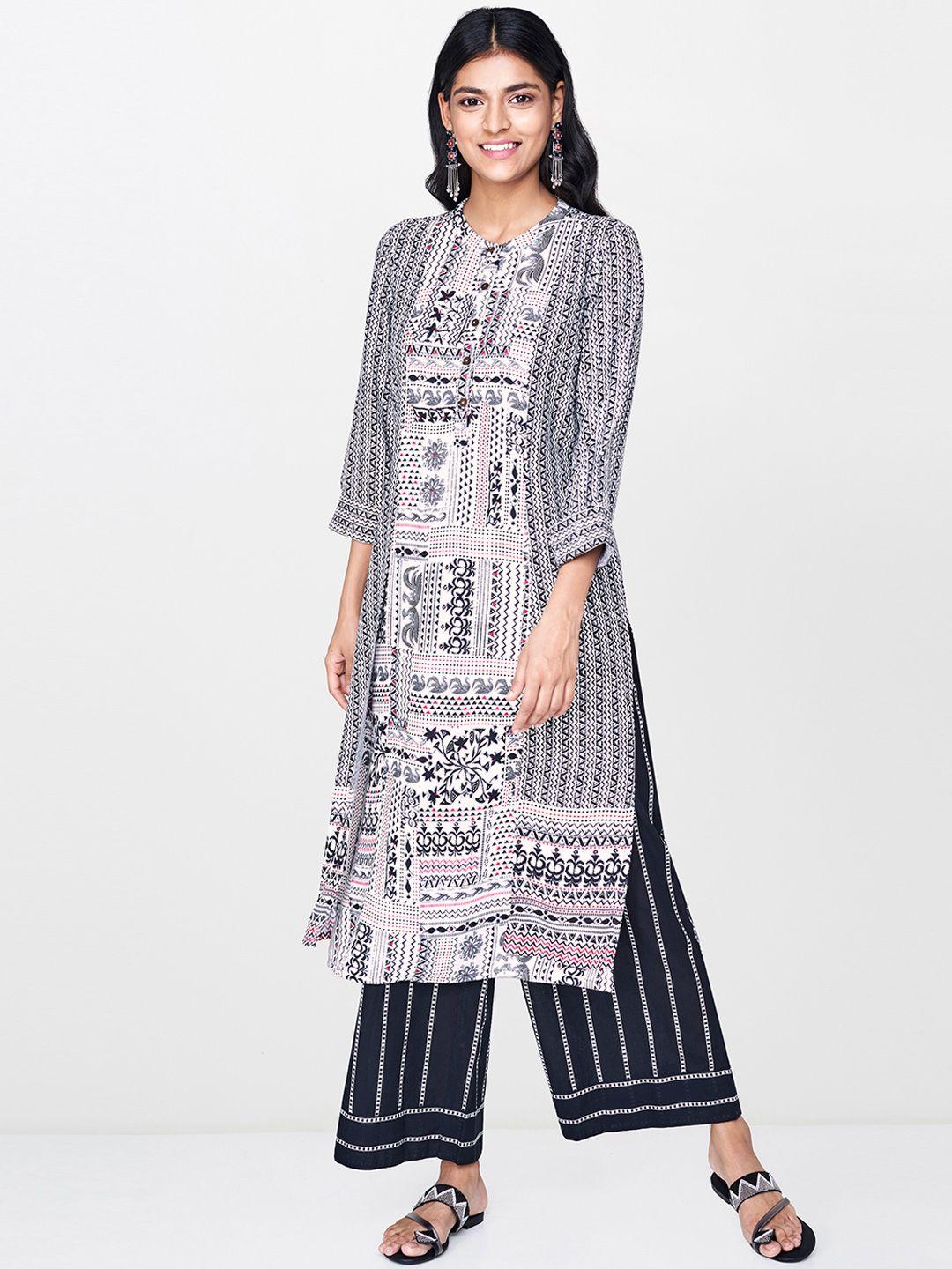 global desi women white & black printed straight kurta