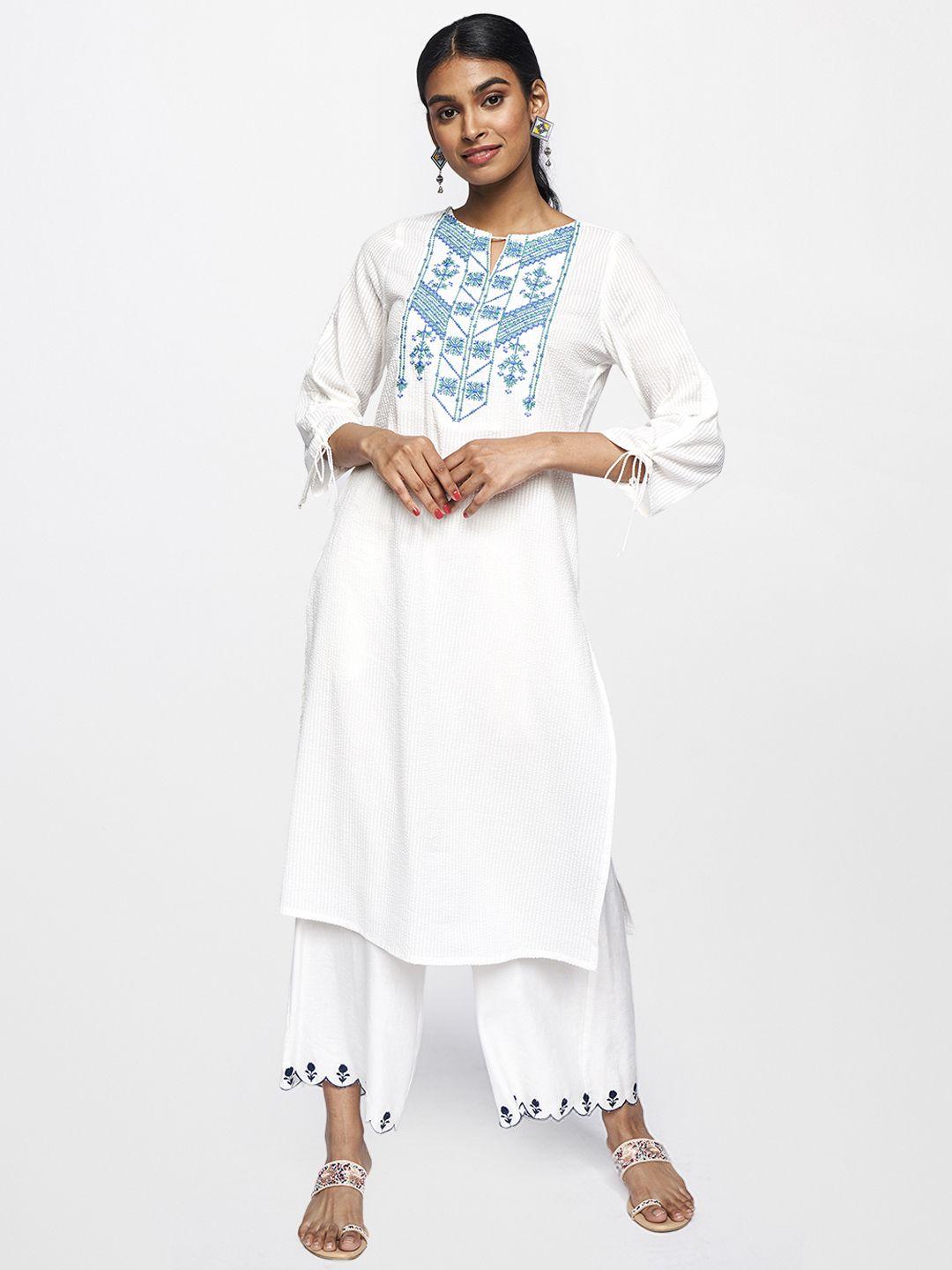 global desi women white & blue ethnic motifs printed keyhole neck thread work kurta