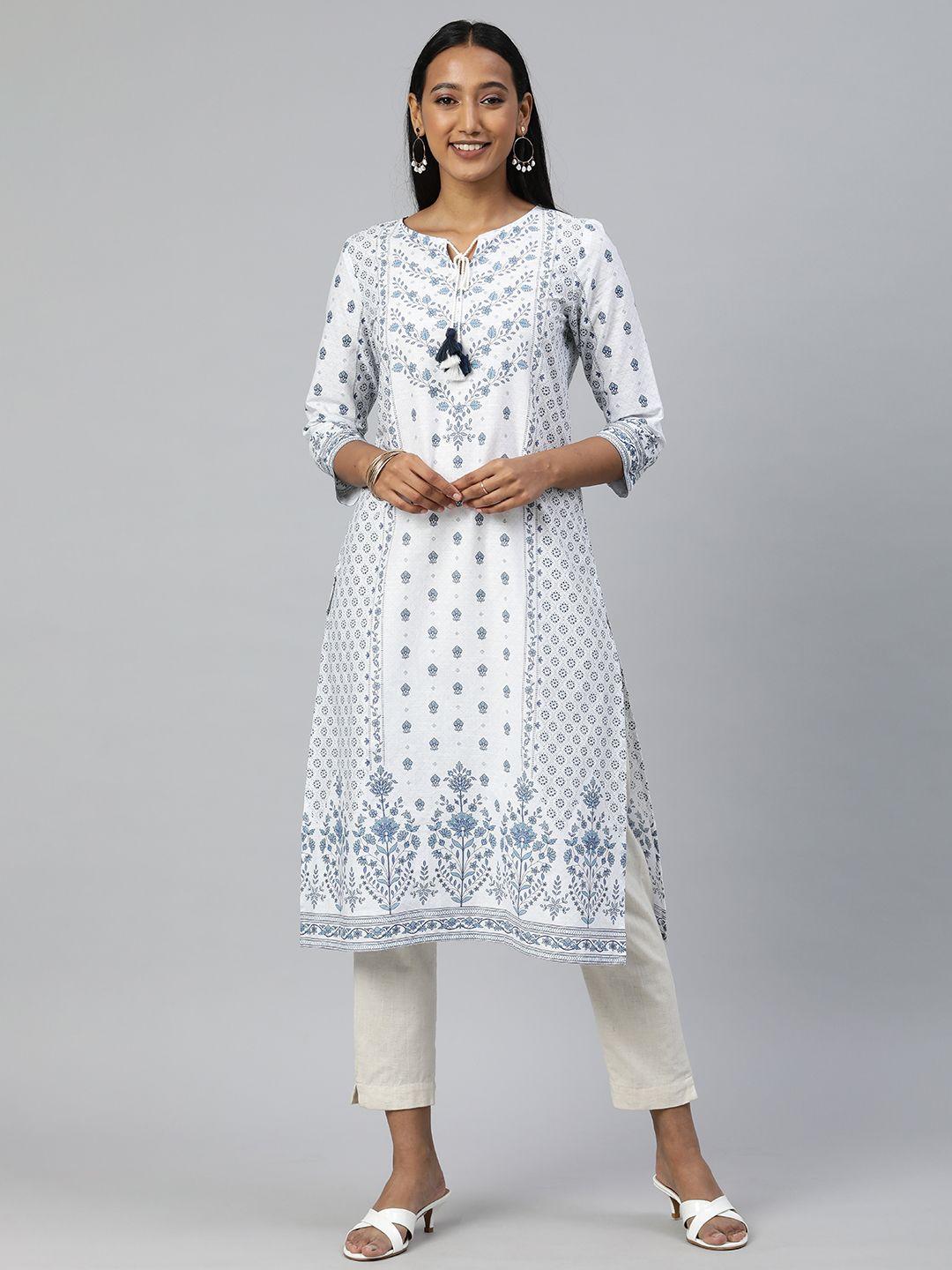 global desi women white & blue ethnic motifs printed pure cotton indigo kurta