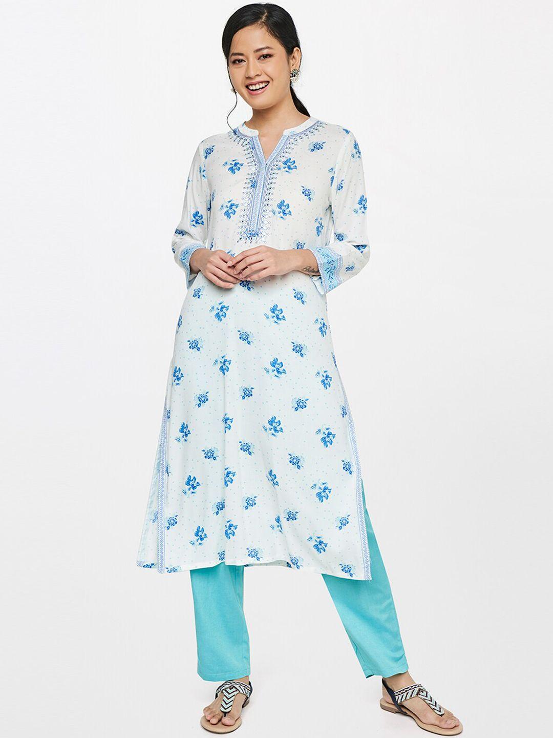 global desi women white & blue floral embroidered chikankari kurta