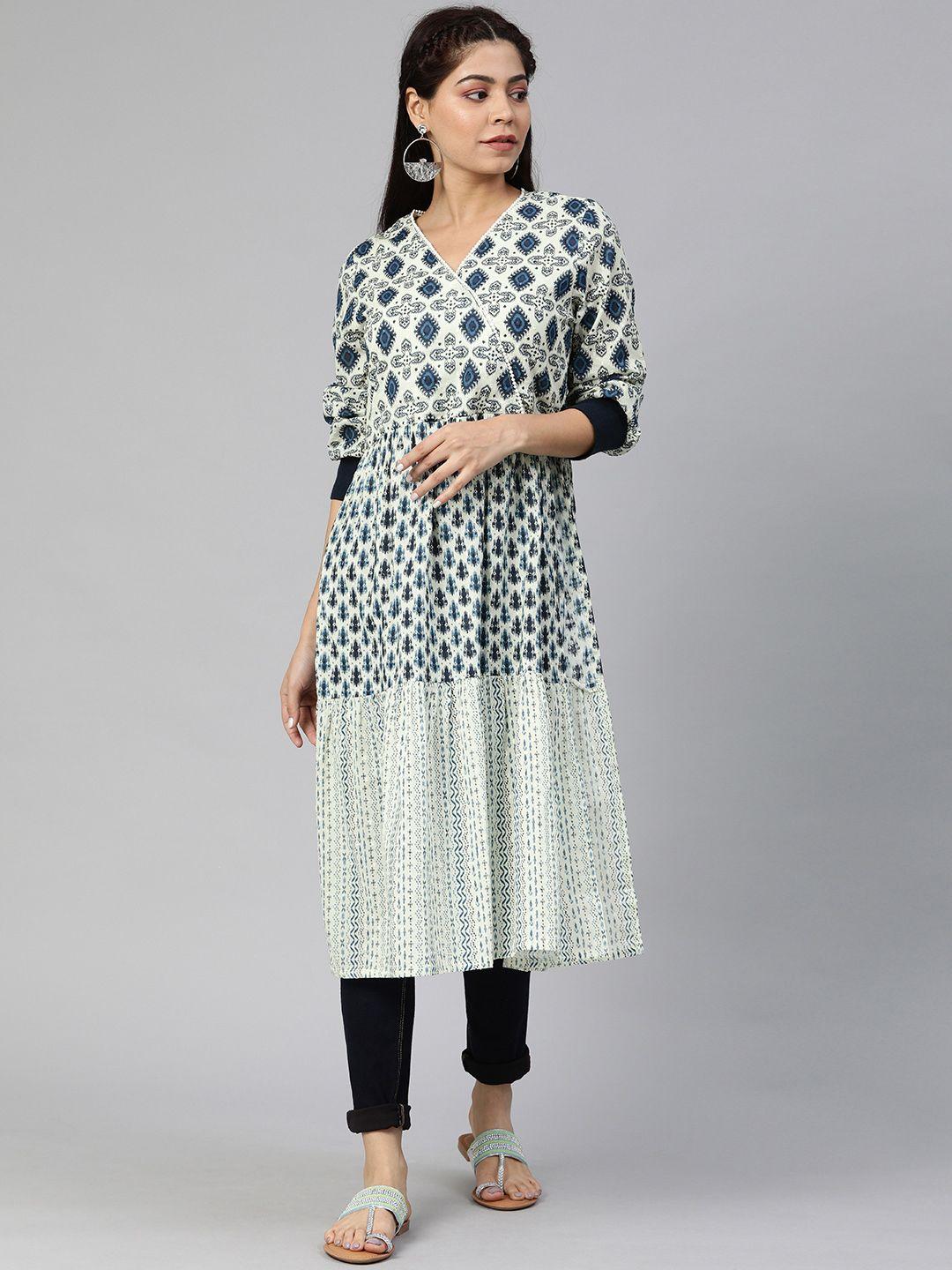 global desi women white & blue printed a-line angrakha kurta with gathers