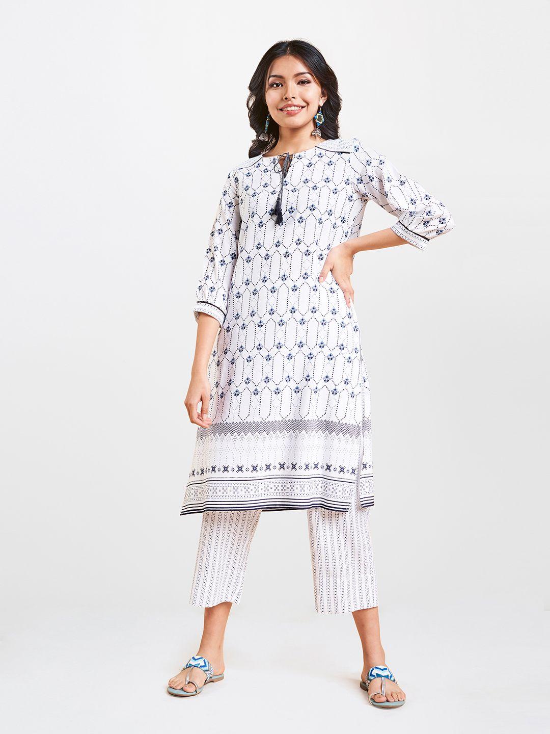 global desi women white & blue printed a-line kurta