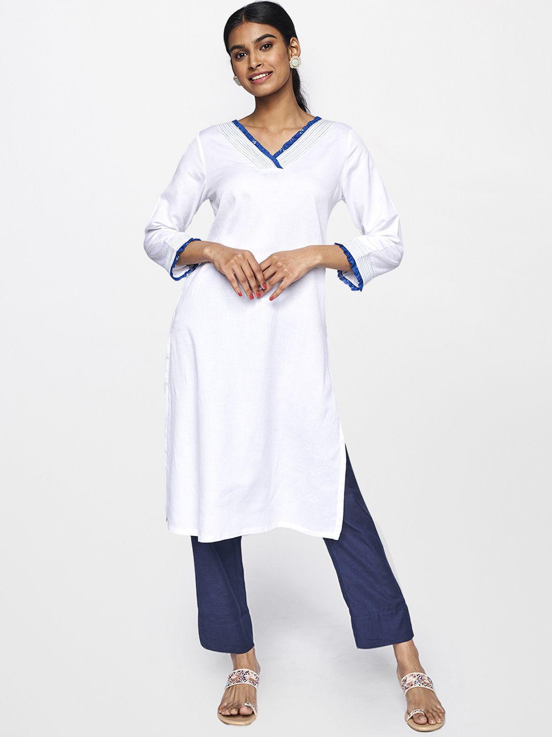 global desi women white & blue solid  v neck kurta