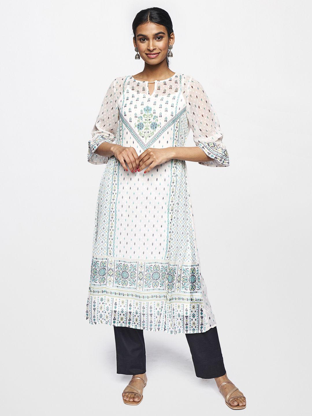 global desi women white & green ethnic motifs printed kurta