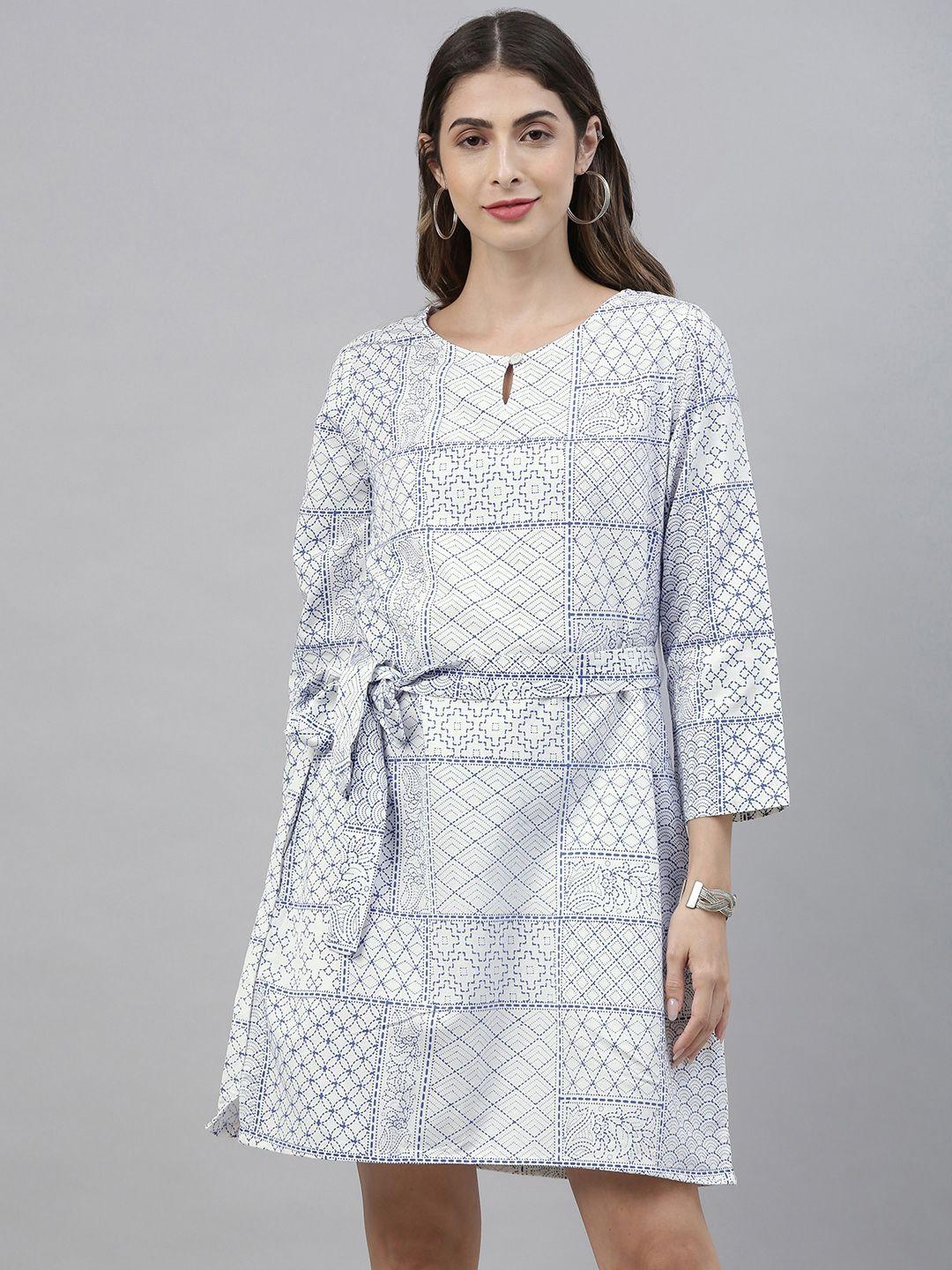 global desi women white & navy blue printed a-line dress with waist tie-ups