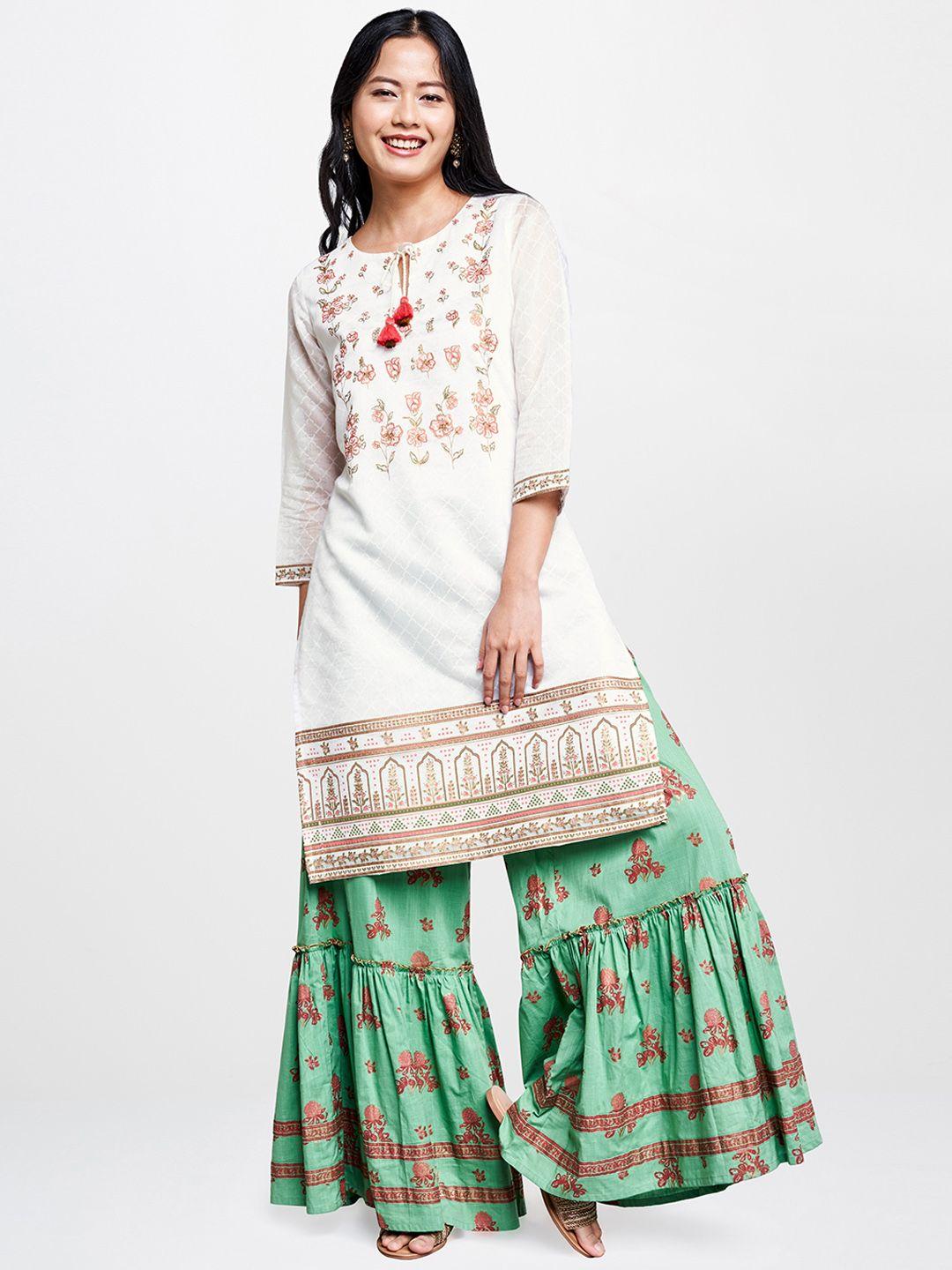 global desi women white & pink printed straight kurta with sequined detailing