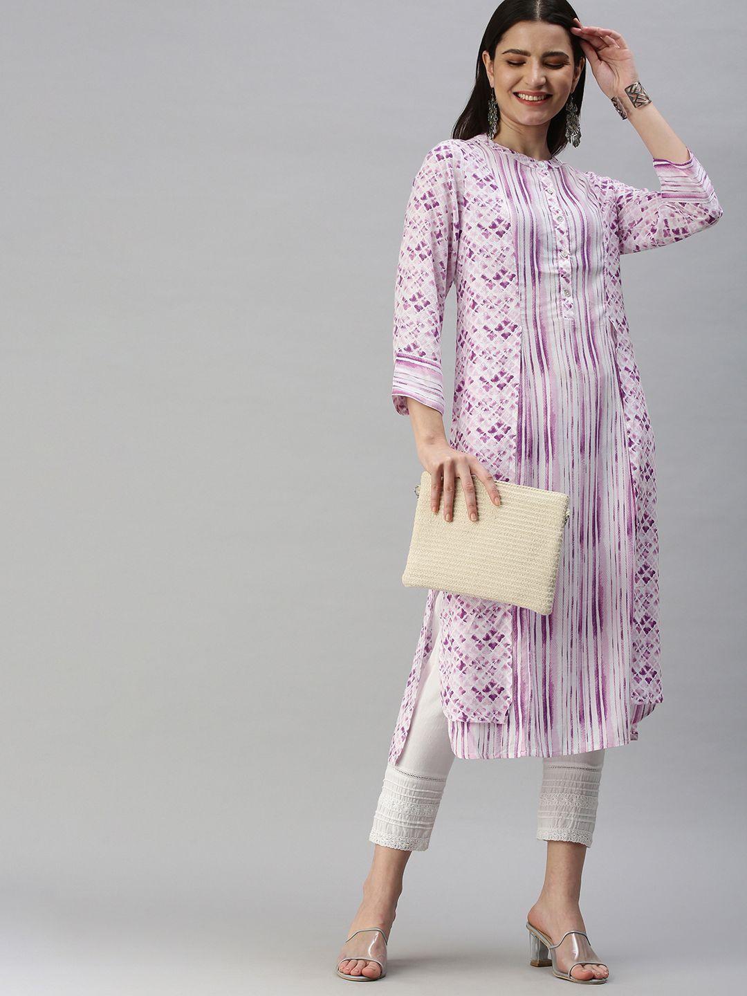 global desi women white & purple geometric dyed kurta