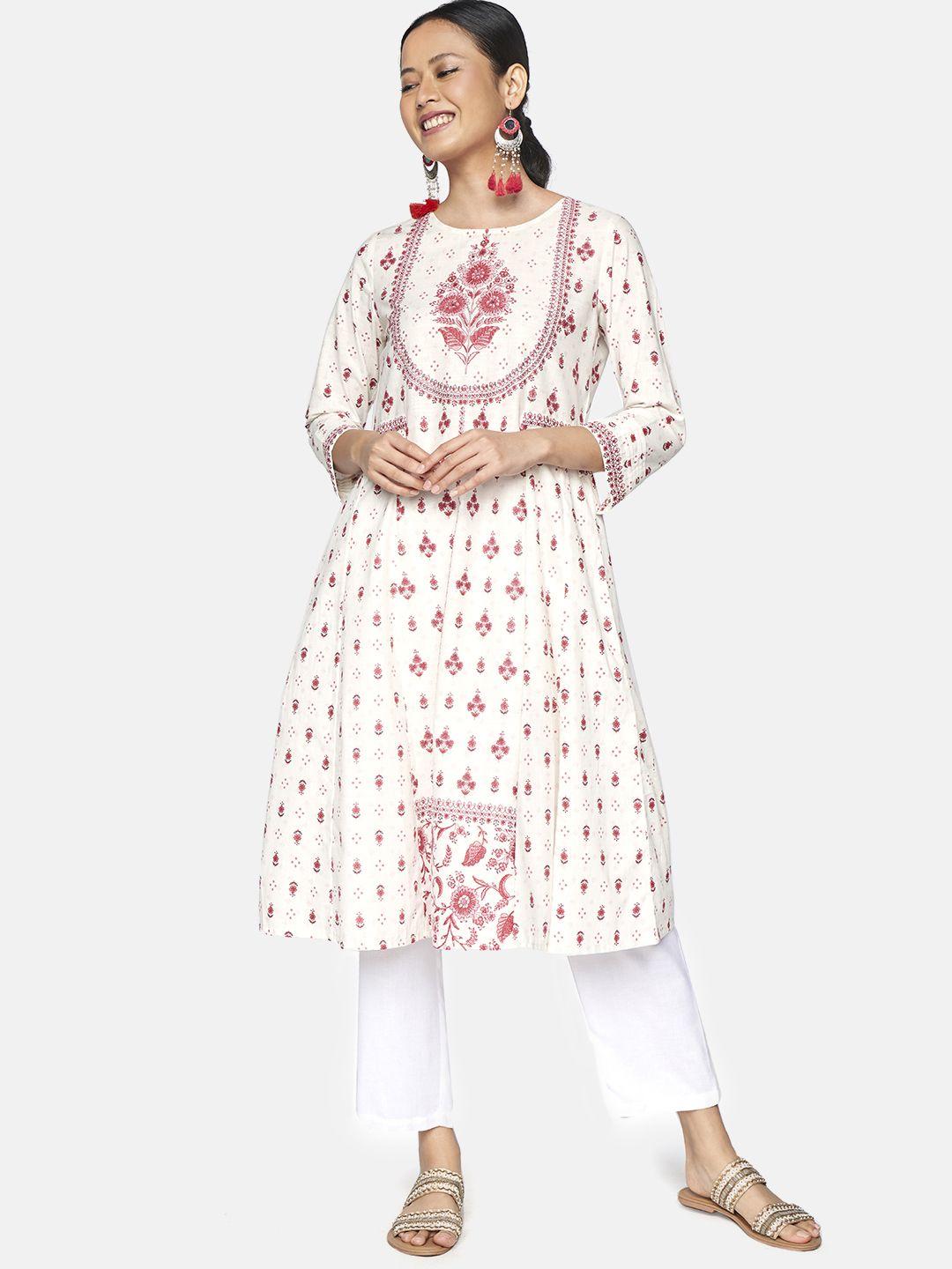 global desi women white & red floral printed floral kurta