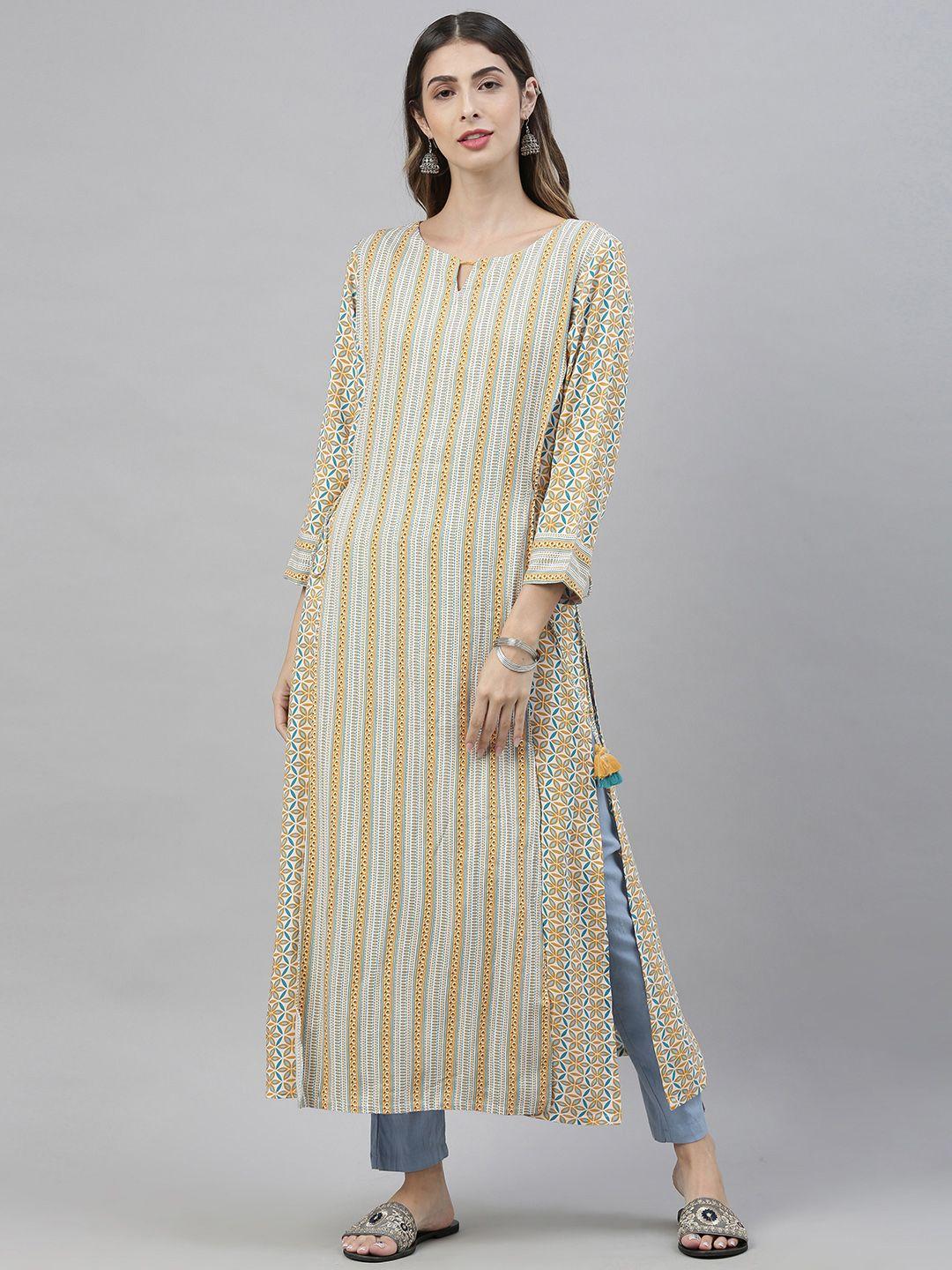 global desi women white & yellow ethnic motifs printed keyhole neck layered kurta