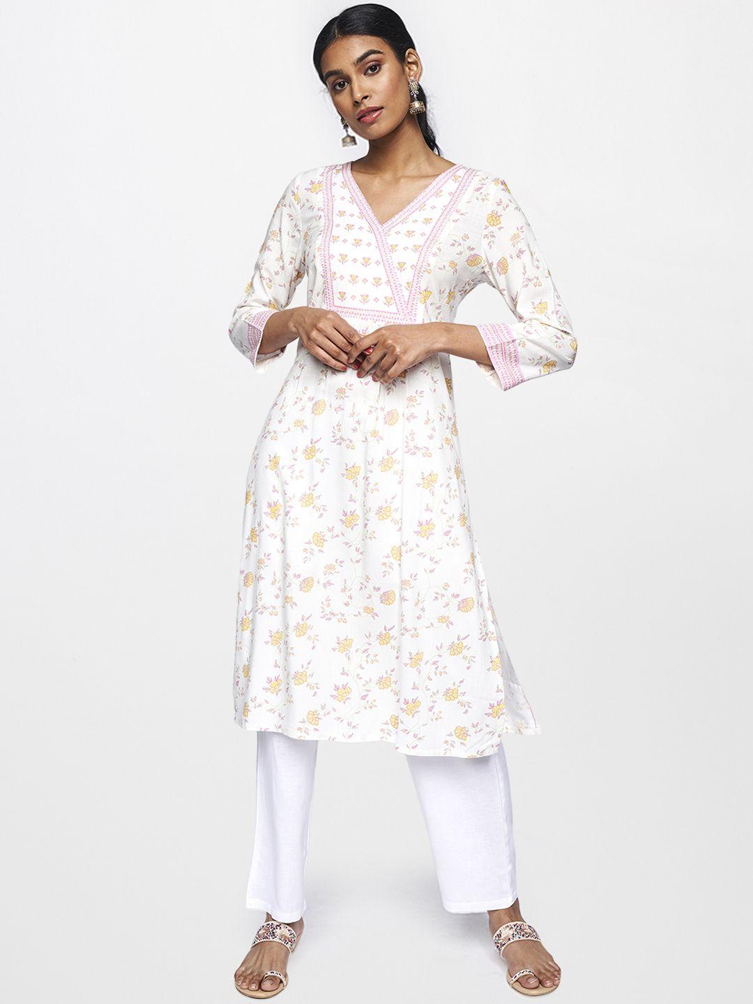 global desi women white & yellow floral printed straight kurta