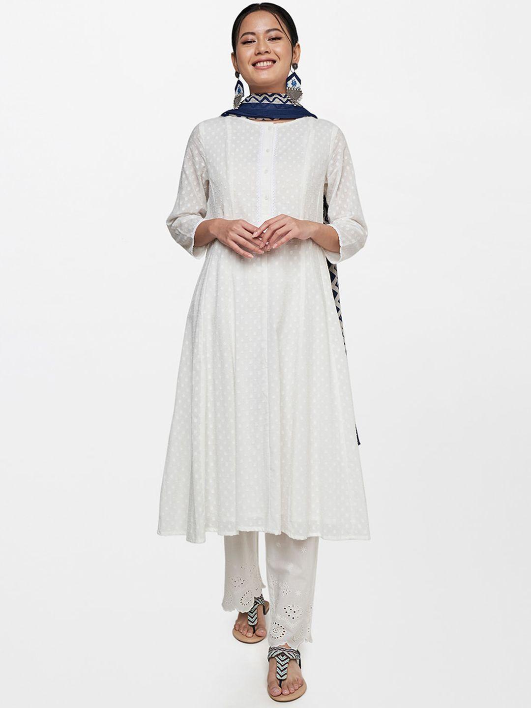 global desi women white panelled pure cotton kurta with trousers & with dupatta