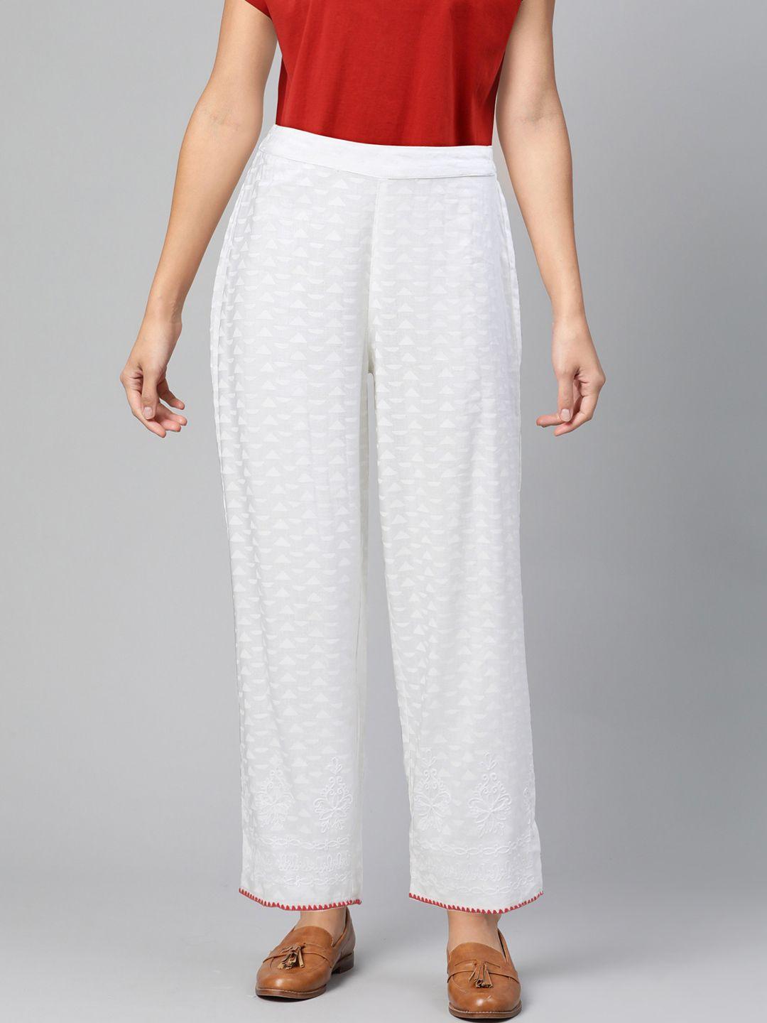 global desi women white regular fit printed parallel trousers