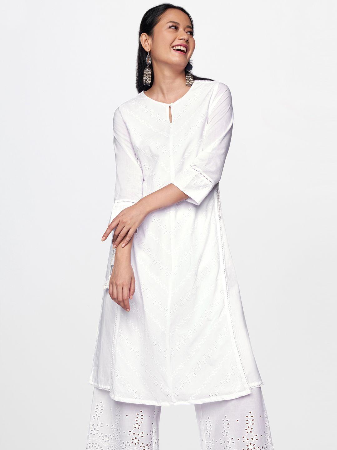 global desi women white schiffli side tie-up straight kurta