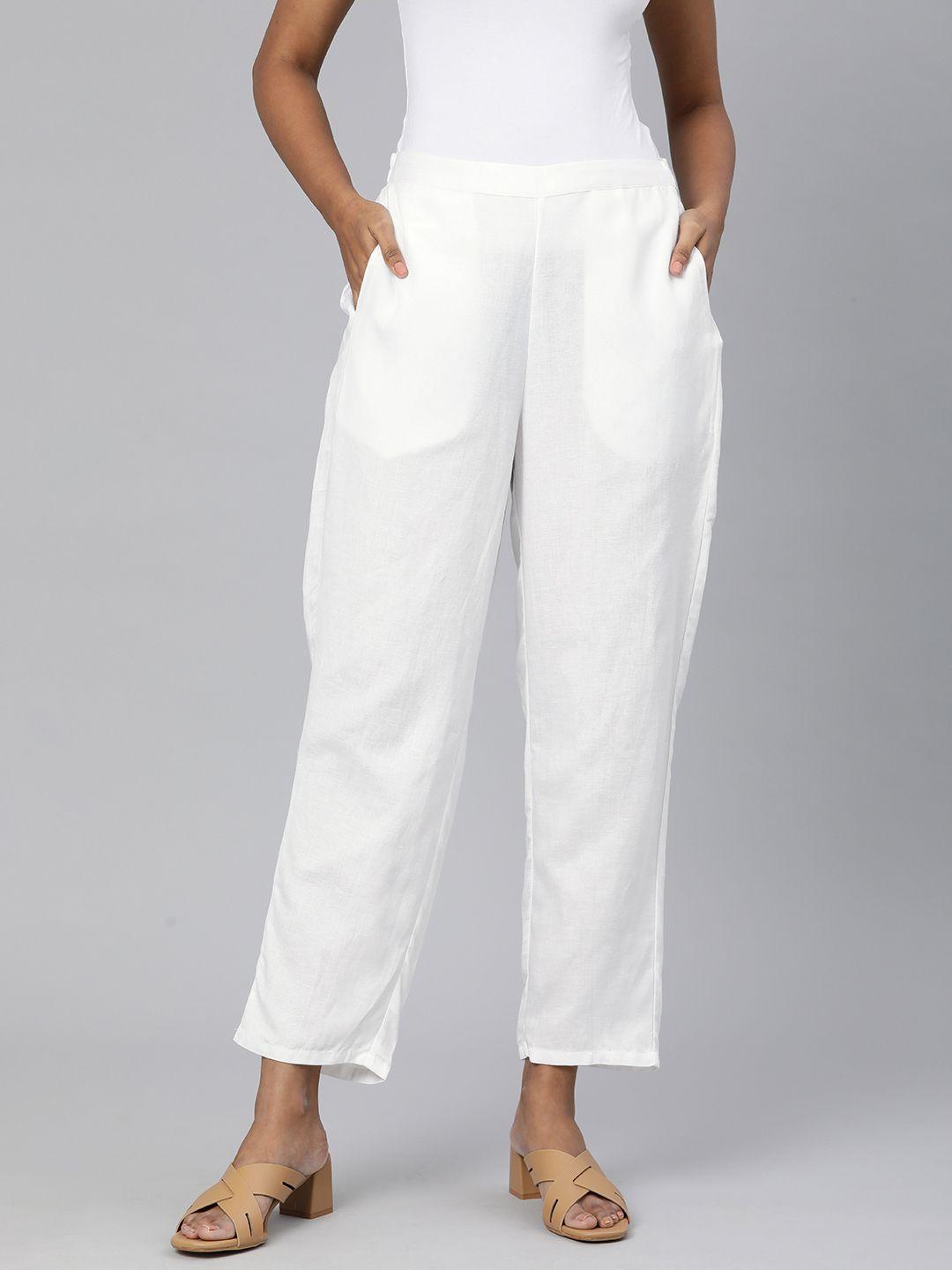 global desi women white solid slim fit trousers