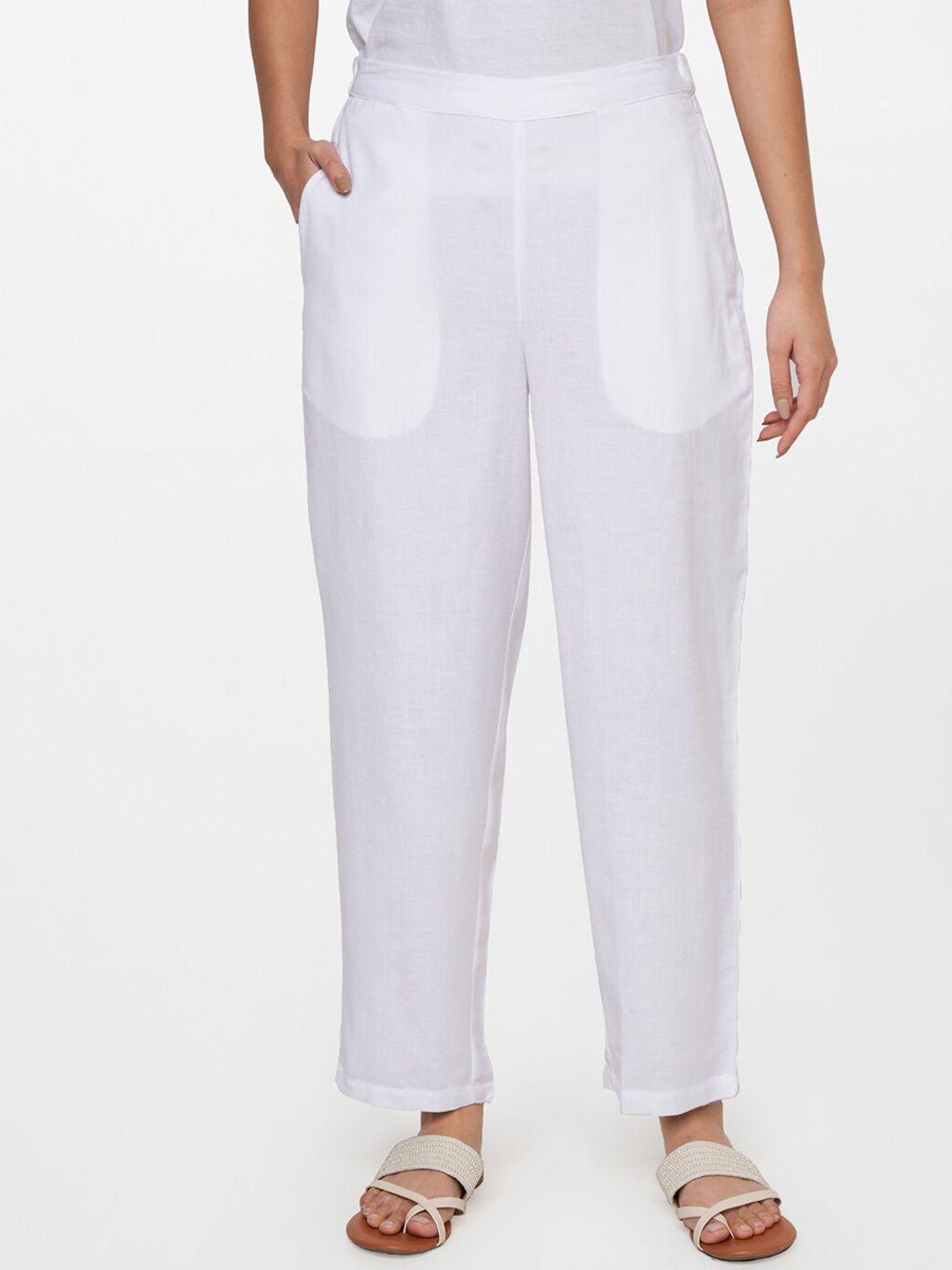 global desi women white solid straight fit trouser