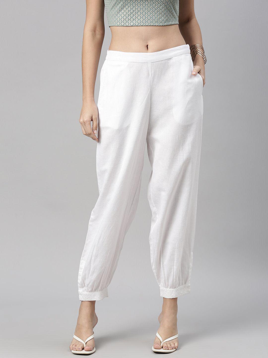 global desi women white solid thread detailing straight fit trousers