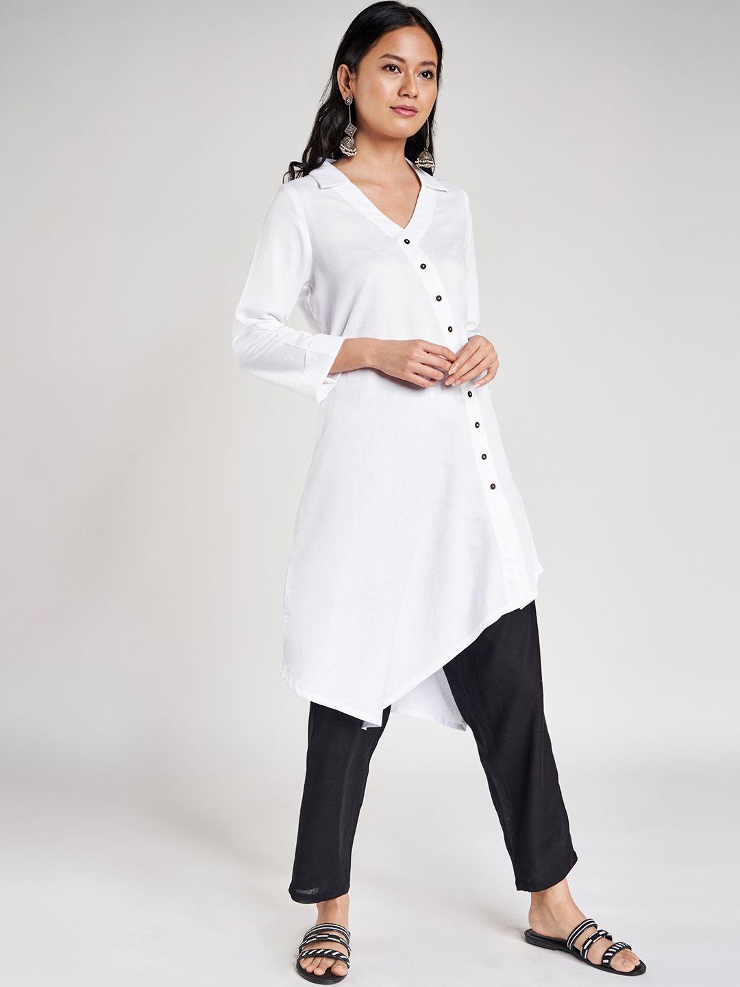global desi women white sustainable eco vero solid longline asymmetric shirt tunic