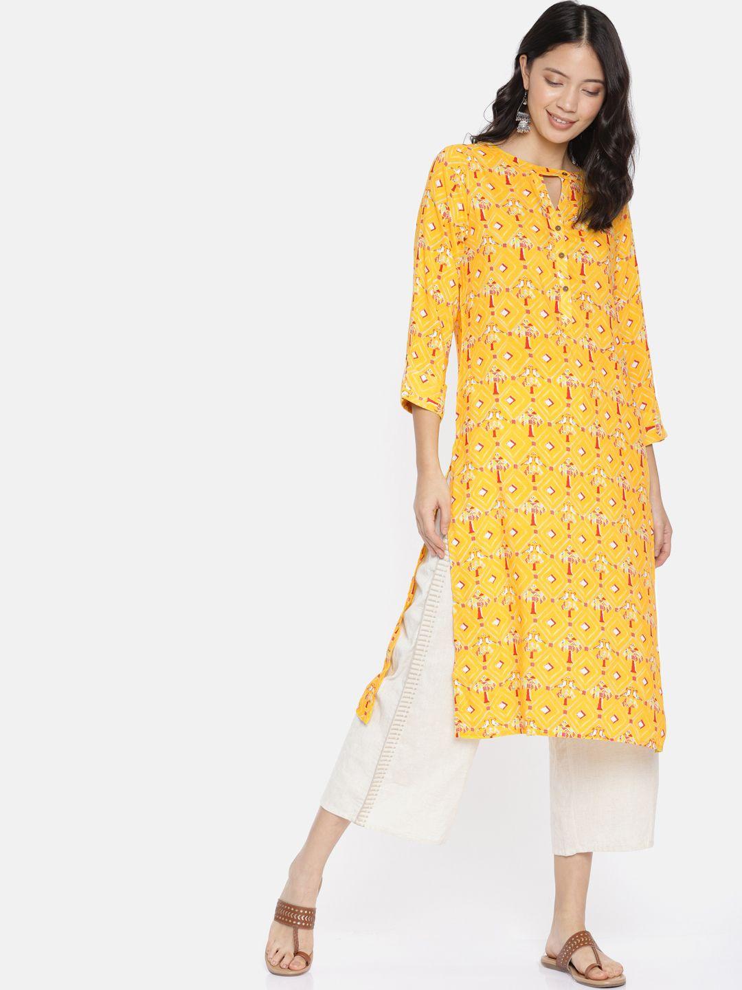 global desi women yellow & red printed straight kurta