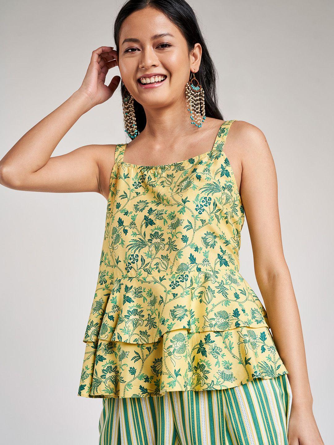 global desi women yellow & teal green ecovero floral print a-line top