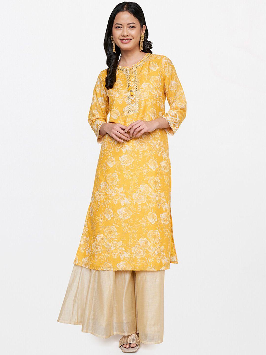 global desi women yellow floral printed thread work kurta