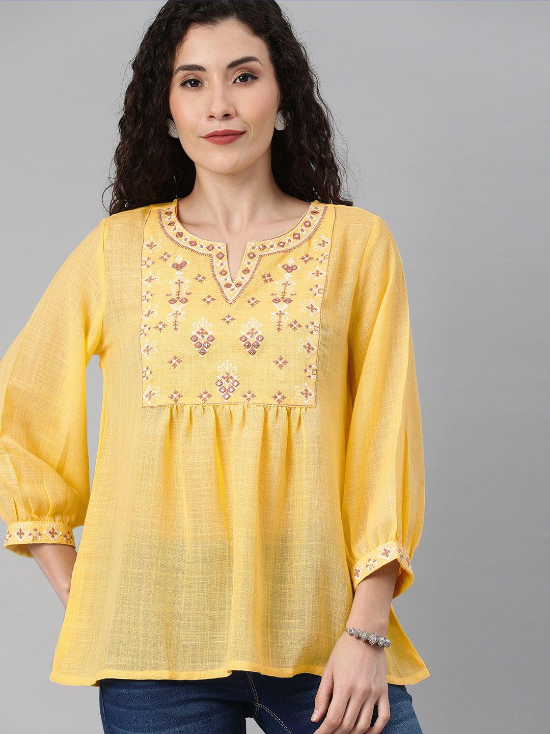 global desi yellow & brown cotton embroidered semi-sheer a-line top