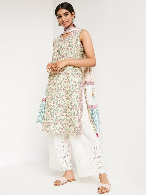 global desi yellow & white printed kurta with palazzo & dupatta