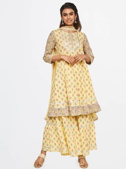 global desi yellow floral print kurta with palazoo & dupatta