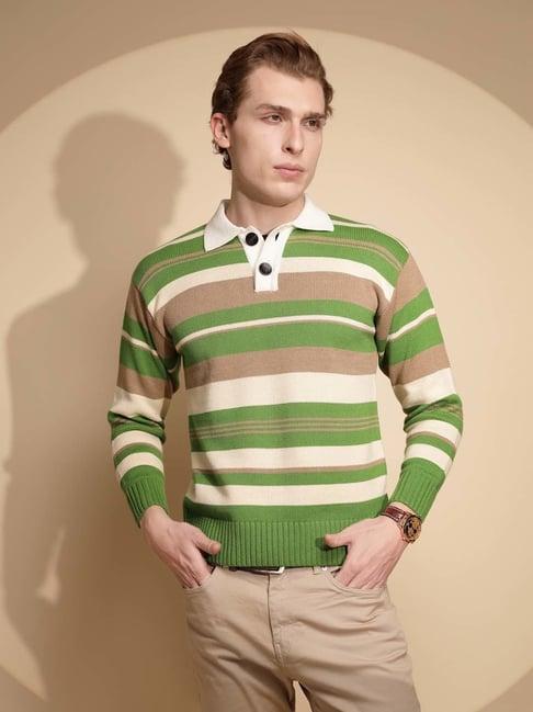 global republic green regular fit striped sweater